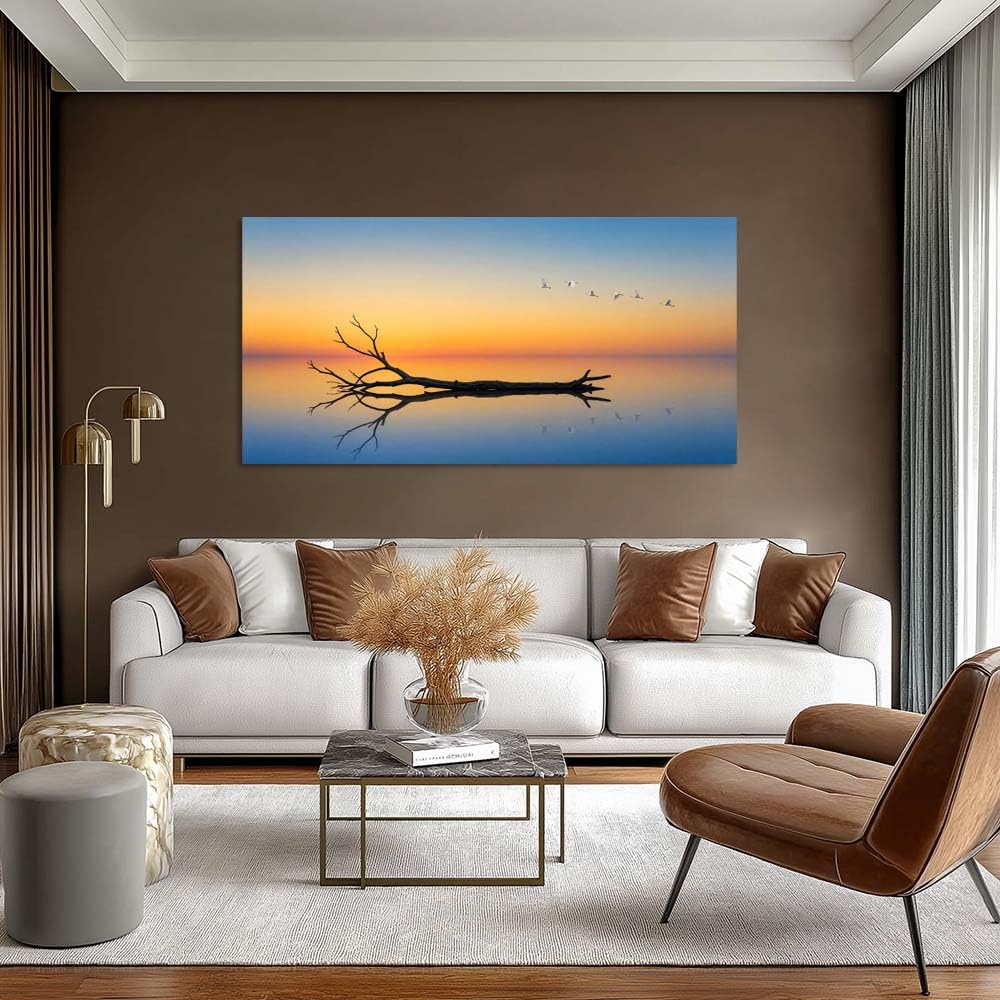 Minimalist Bare Tree Canvas Wall Art Zen Lake Reflection Landscape Painting Flat Print Gallery Wrapped Moody Artwork for Living Room Bedroom Bathroom Decor (Mysterious / Black Dead Tree Branch 18 / 46"L x 23"W)