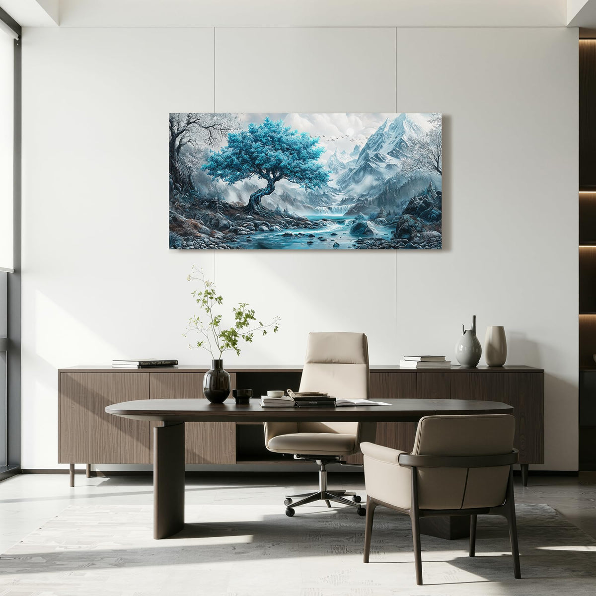 Tree of Life Large Wall Art Mountain Landscape Office Decor Blue (Teal Mountain Tree / 40"L x 20"W)
