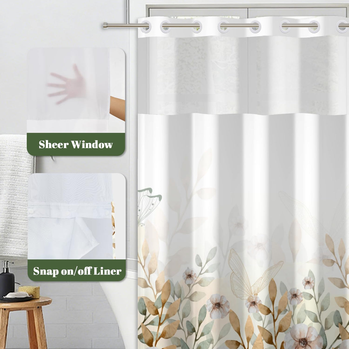 No Hook Shower Curtain and Liner Set (Botanical-5)