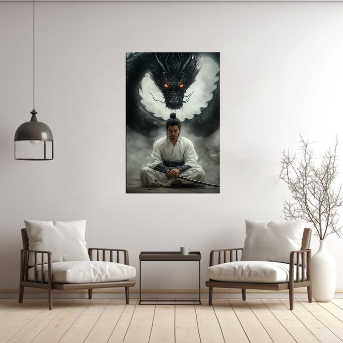White Robe Samurai & Black Dragon Canvas Wall Art (24"L x 36"W / Samurai5)