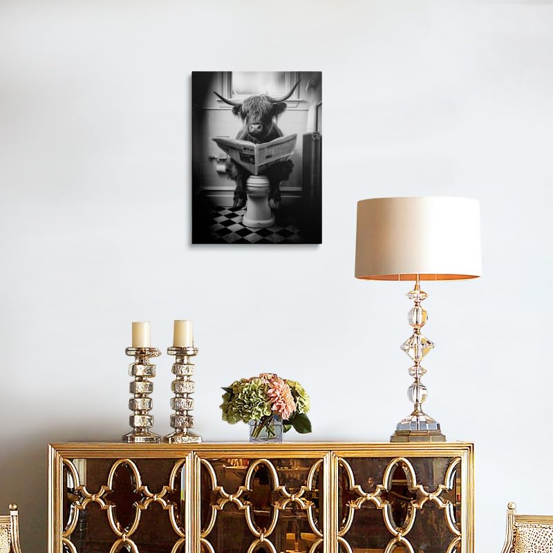 Funny Highland Cow Canvas Wall Art Framed Black and White Photograph Surreal Cow Sitting on Toilet Reading Newspaper Humorous Bathroom Wall Decor Artwork Print Poster 12x16 Inches (Bathroom Cow / 16"L x 12"W)