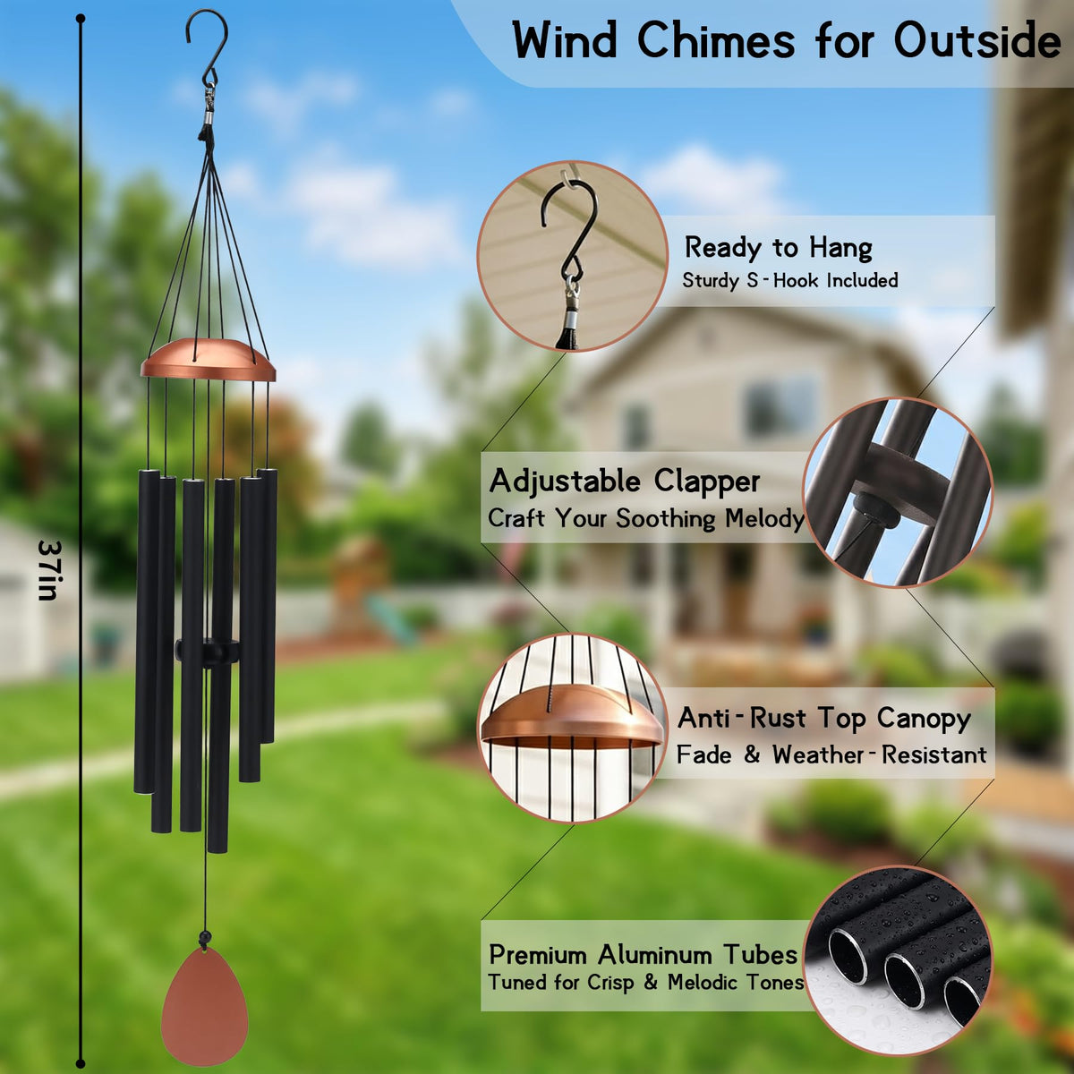 37" Large Aluminium Wind Chimes for Outside Deep Tone Black (Black)