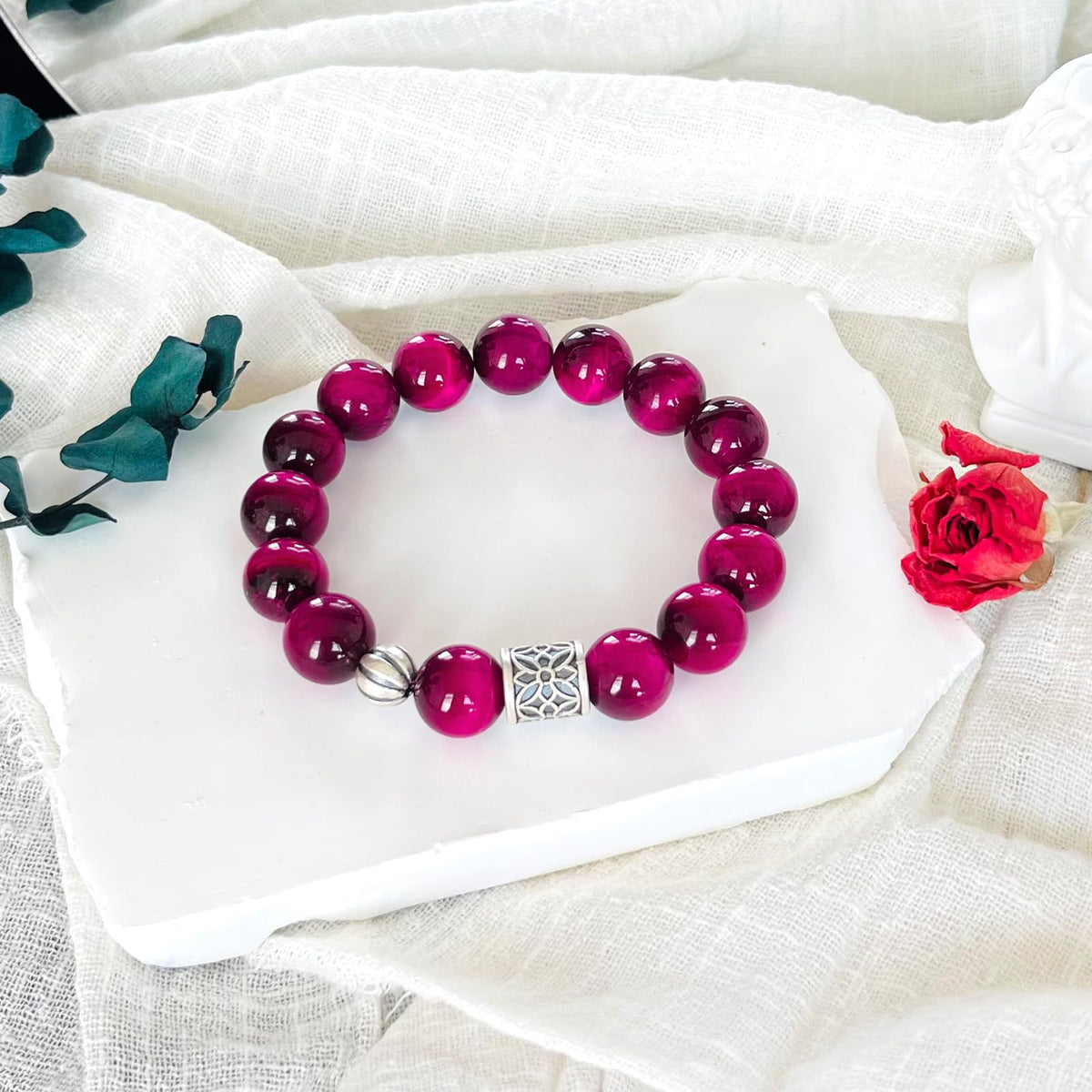 Natural obsidian bracelet (Pink Tiger Eye + 925 Silver(12mm)-1 Pcs)