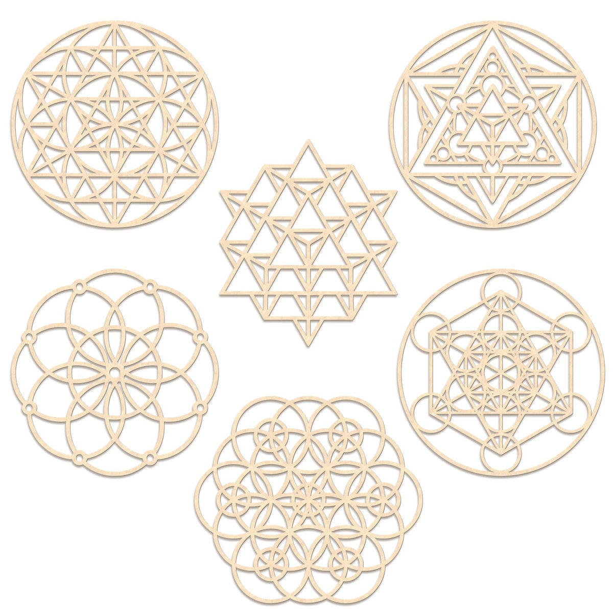 6 Piece Sacred Geometry Zen Wall Art Set. Wooden Wall Art Decor with Flower Of Life Merkaba Patterns. Suits Meditation Room Spaces As Spiritual Geometric Zen Decor (Divine)