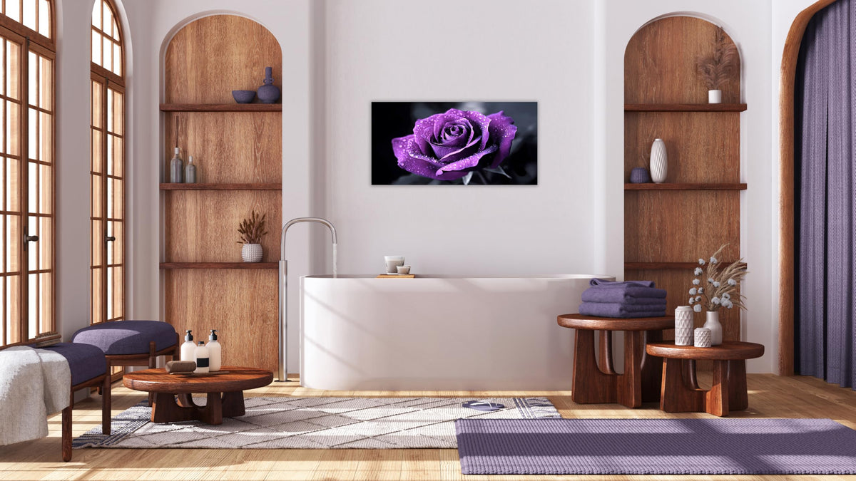 1 Panel Purple Flower Pictures Canvas Wall Art Purple Black and White Purple Rose with Dewdrops Artwork Painting on Canvas Stretched and Framed for Home Decor Living Room 8x16 inch (16"L x 8"W / Purple Flower 12)