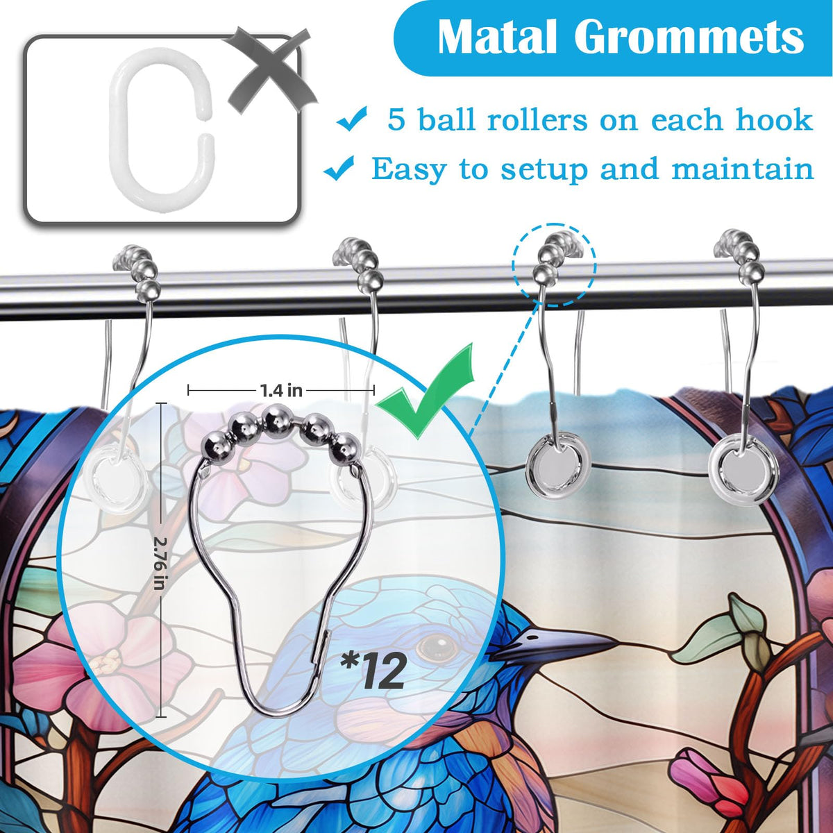 Stained Glass Shower Curtain Bird Floral Art Deco Shower Curtains for Bathroom Decor Sets (Stained Glass Bird / 70"W x 78"L (Pack of 1))