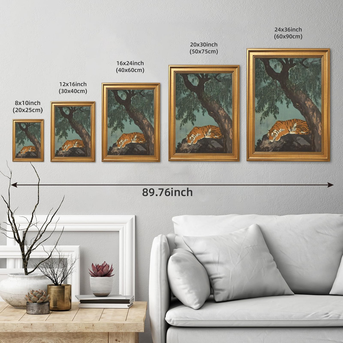 Gold Framed Vintage Tiger Wall Art Prints Retro Oriental Landscape Poster Asian Style Wildlife Canvas Painting Lazy Zen Tiger Under Ancient Tree Picture Artwork for Bedroom Home Decor 12x16inch (12"L x 16"W / Sleeping Tiger)
