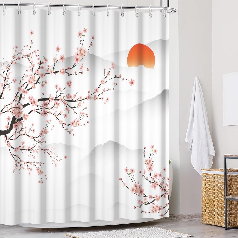 Pink Cherry Blossom Shower Curtain Japanese Flowers Mountain Sun Waterproof Bathroom Curtain Rustic Asian Art Waterproof Fabric Machine Washable for Bathroom Decor Bathtub with Hooks 60x72 Inch (60"W x 72"L (Pack of 1) / Pink-27)