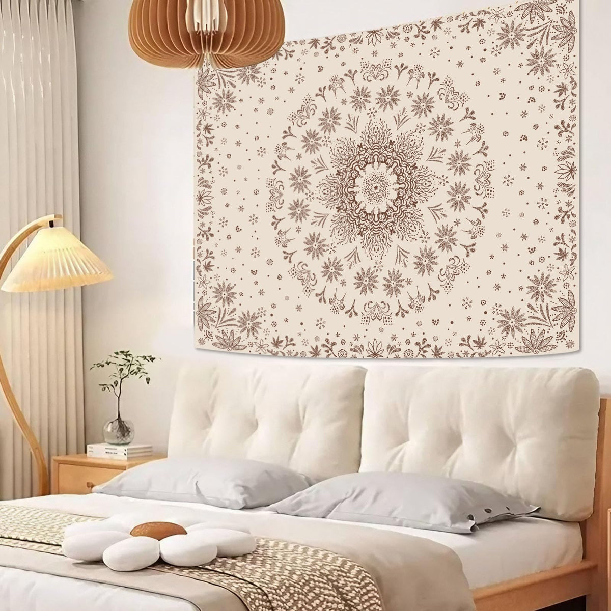 Boho Floral Mandala Tapestry Wall Hanging Bohemian Flower Medallion Tapestry Aesthetic Beige Brown Hippie Indian Small Tapestries for Bedroom Living Room Dorm Decor 60 x 44 Inch (Brown / 60"L x 44"W)