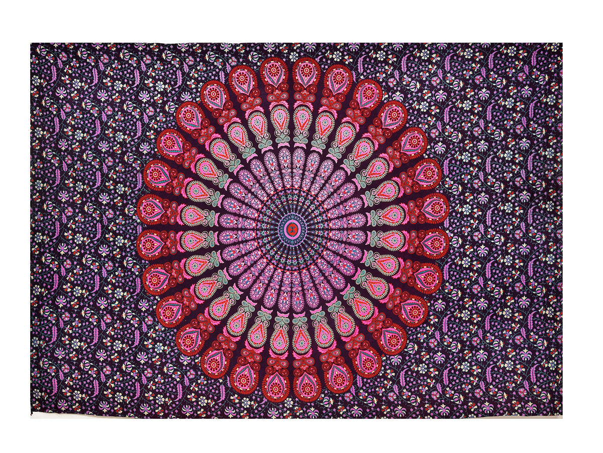 Indian hippie Bohemian Psychedelic Mandala Wall Hanging Peacock Tapestry (Pink Purple / 40"L x 30"W)