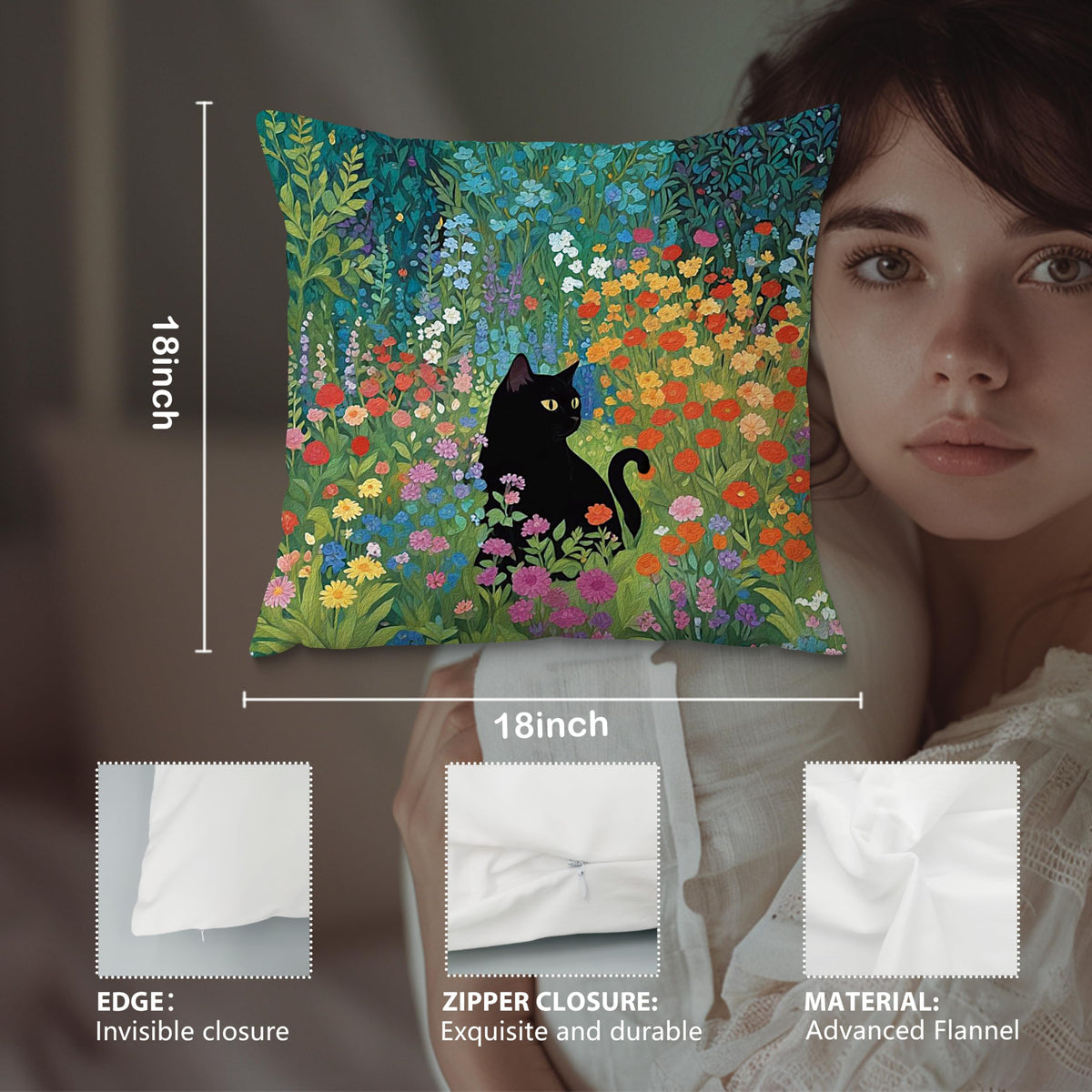 Floral Black Cat Pillow Covers 18x18 (Style04)
