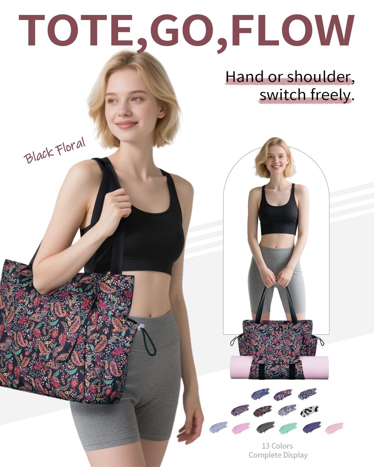 Yoga Mat Bag Waterproof Tote Gym Bag Mat Carrier W (Black Floral)