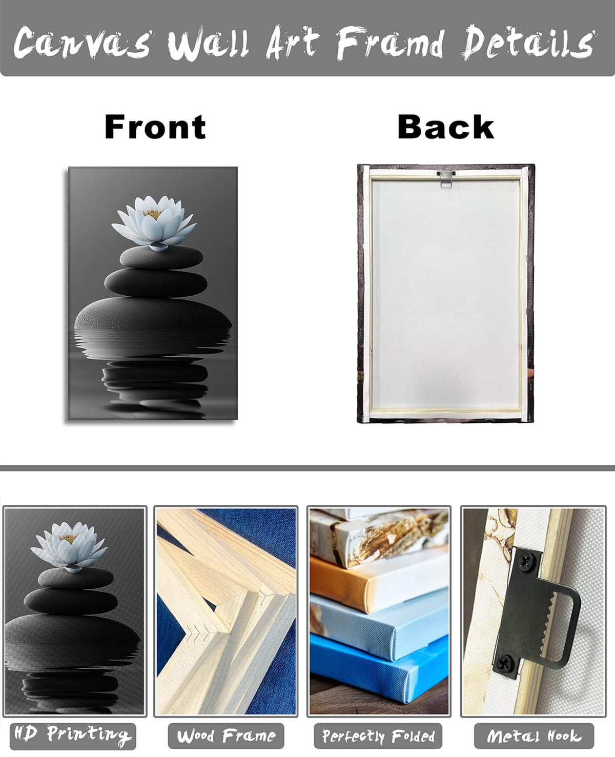 Zen Wall Art Bathroom Decor White Lotus Picture Black Spa Stones on Water Canvas Prints Relax Artwork for Yoga Meditation Room Home Decor Framed (Zen-1 / 24"L x 16"W)