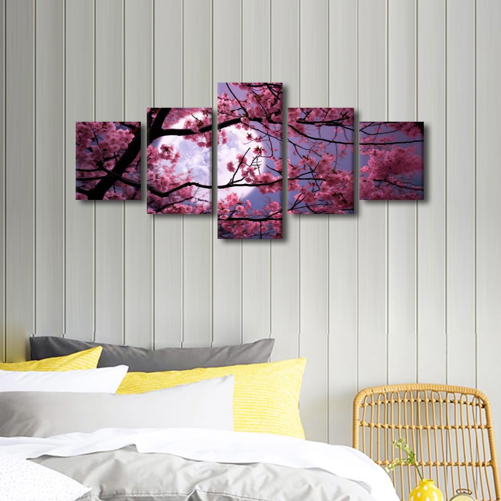Canvas Wall Art Tranquil Cherry Blossom Morning With Pink Flowers Five Panel Framed Painting Spring Floral Decor Living Room Wall Art Ready To Hang 50"Wx24"H‌ (50''Wx24''H / Artwork-04)