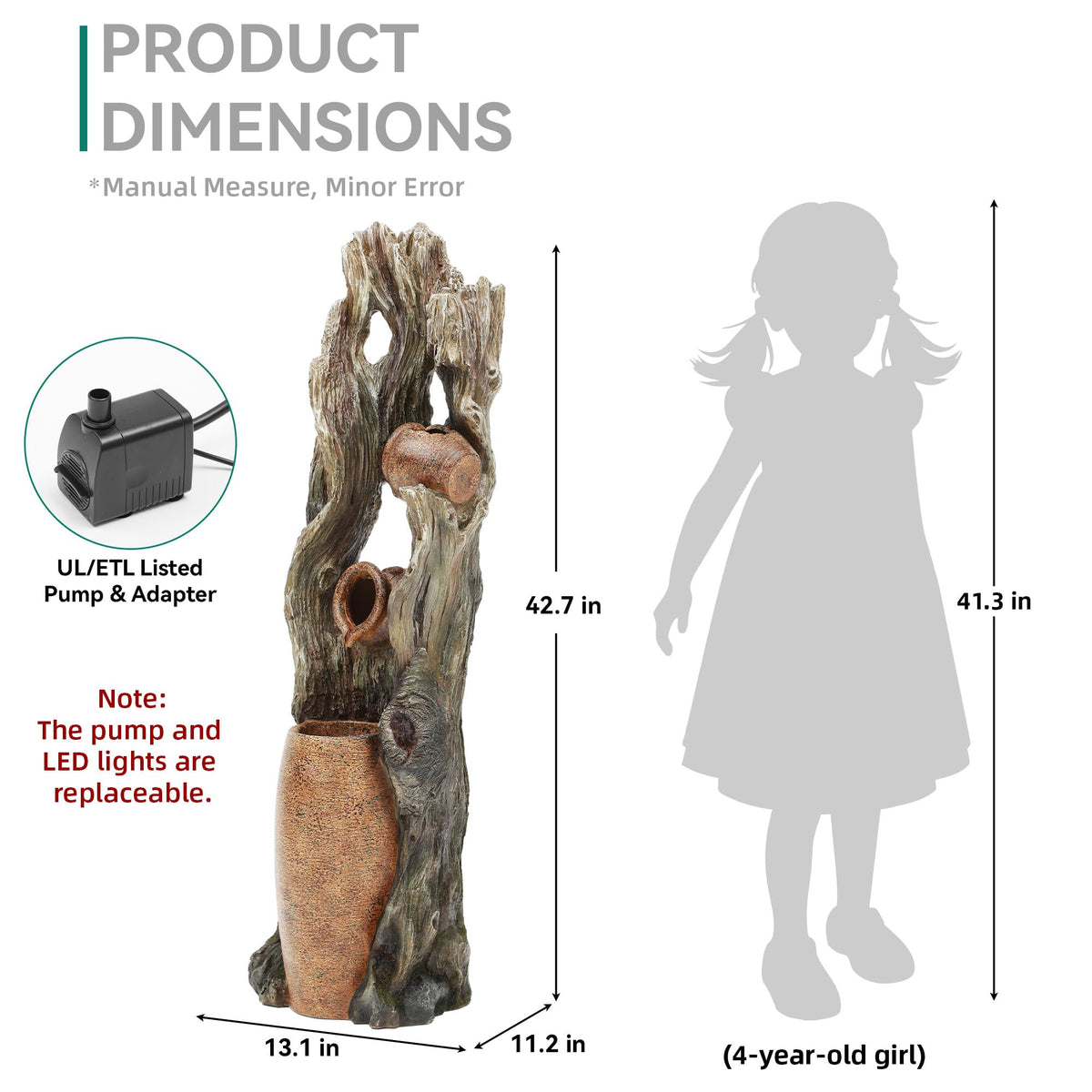 42.7" 3 Tier Outdoor Water Fountain LED Tree Trunk Jar Waterfall (43"h Weathered Trunk)