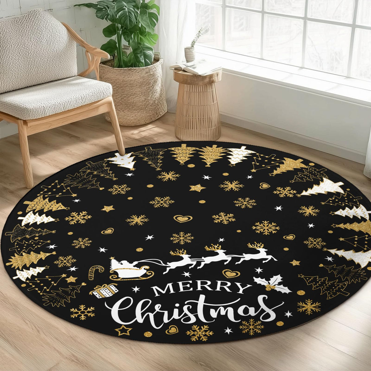 Merry Christmas Round Area Rug 5ft (Gift-black Gold / 5' (Round))