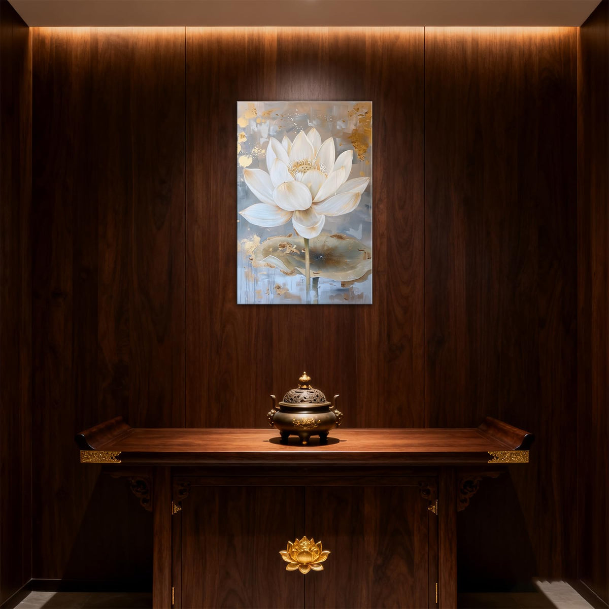 Gold White Lotus Canvas Wall Art Blooming Lotus Flower Painting Print Abstract Zen Floral Poster Artwork for Living Room Bedroom Decor Framed (Artwork-9 / 24"L x 16"W)