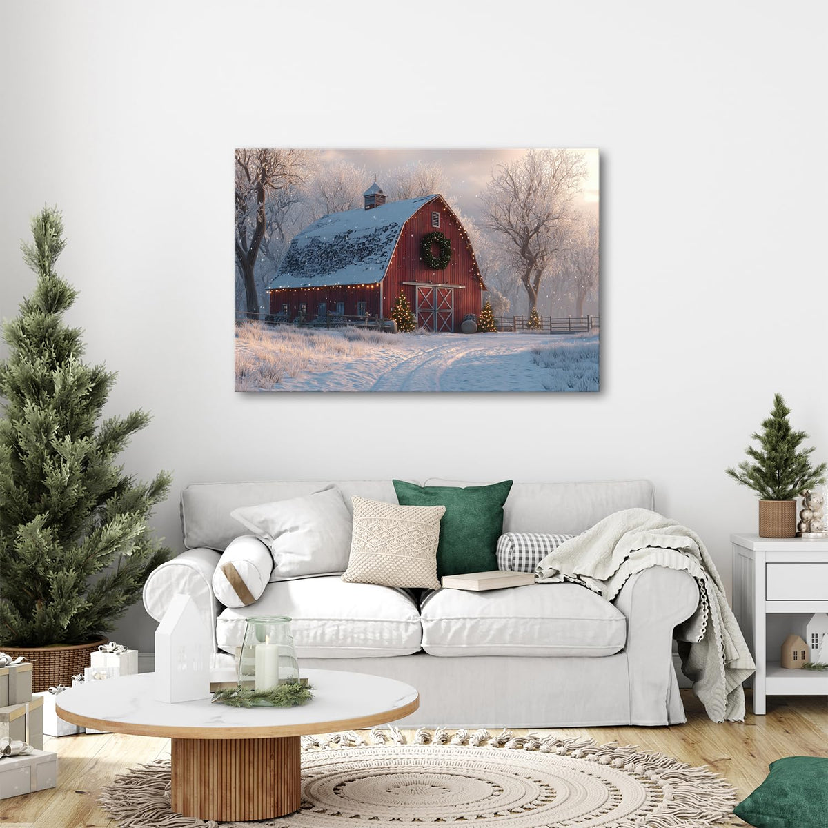 Christmas Barn Wall Art Vintage Farmhouse Canvas Wall Decor Christmas Tree Poster Prints Rustic Winter Snowy Scenic Pictures Country Painting Artwork for Living Room Bedroom Home Decorations 32x48" (48"L x 32"W / Xmas Barn)