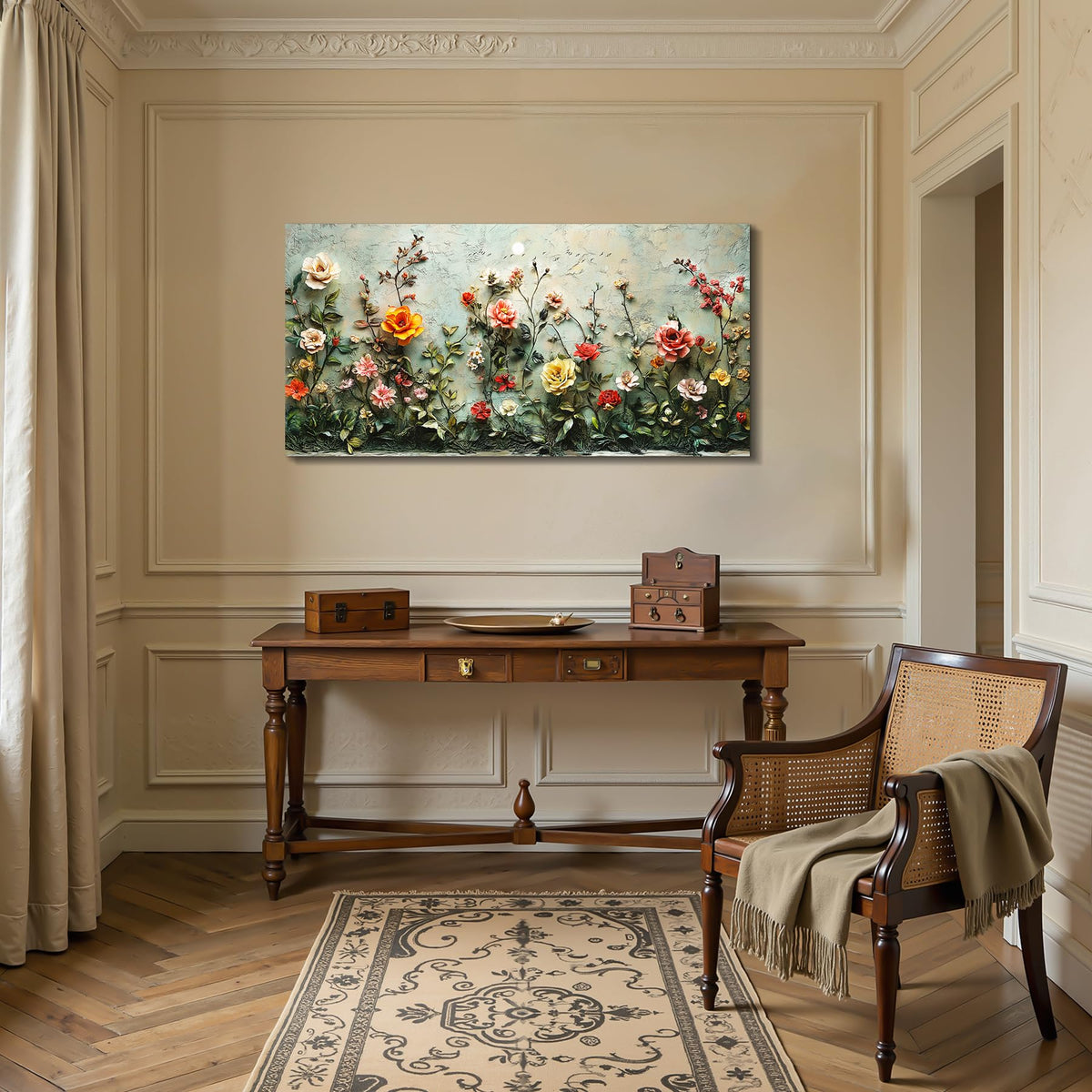 Rose Flower Large Wall Art Country Floral Botanical Decor Green (Rose Manor / 40"L x 20"W)