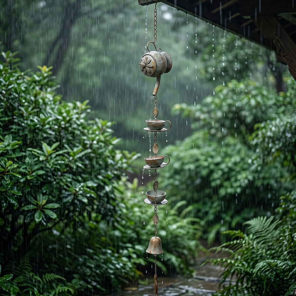 40" H Teapot & Cups Rain Chime with Bell Hanging (3.3 Ft Rain Chime)