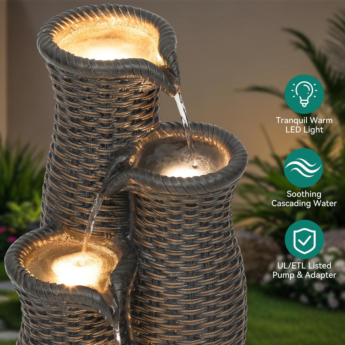 AUTODAYA 5 Tier Faux Rattan Vase Water Fountain Outdoor with LED Lights (33"h Espresso Brown Faux Rattan)