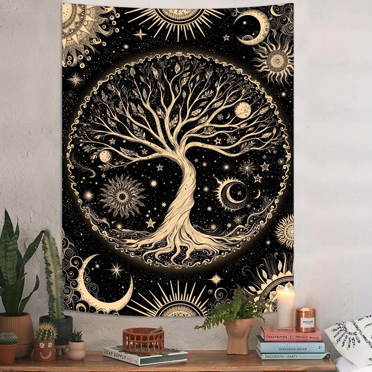Tree of Life Tapestry Starry Sky Wall Tapestry (Golden Black / 48"L x 36"W)