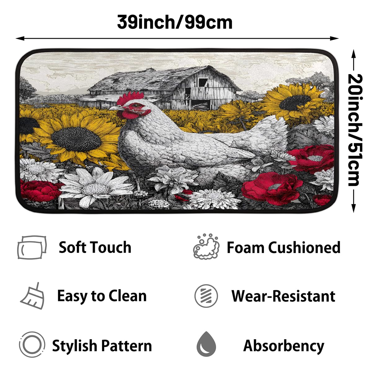 Retro Rooster Kitchen Rug Non (Color28)