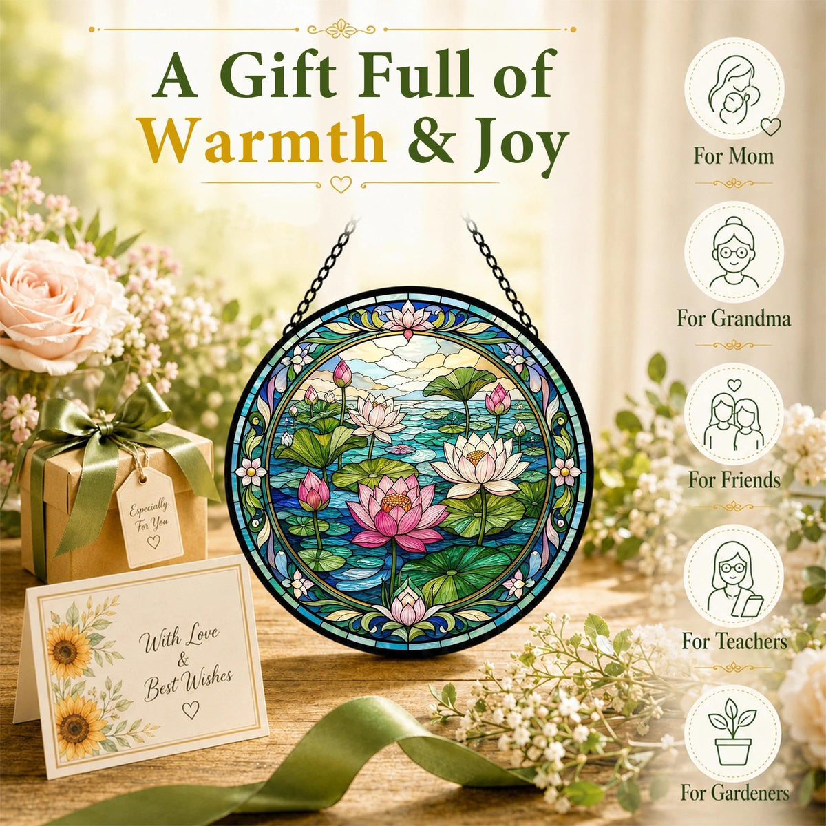 Lotus Flower Suncatcher Stained Glass Window Hanging Lotus Gifts for Women Christmas Lotus Decor Zen Meditation Sun Catcher Home Yoga 7.8 in (Lotus / 7.8 x 7.8 IN)