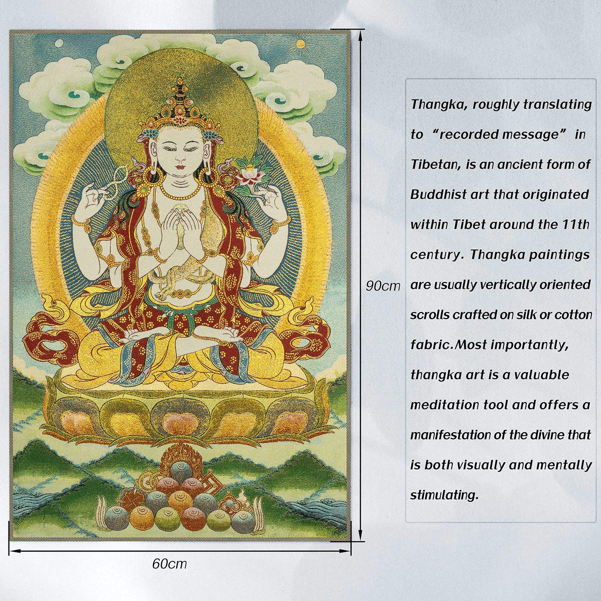 Silk Embroidery Tibetan Thangka with Four Arms Kwan Yin Avalokitesvara Wall Hanging for Home Décor Tapestry Meditation (KT037)