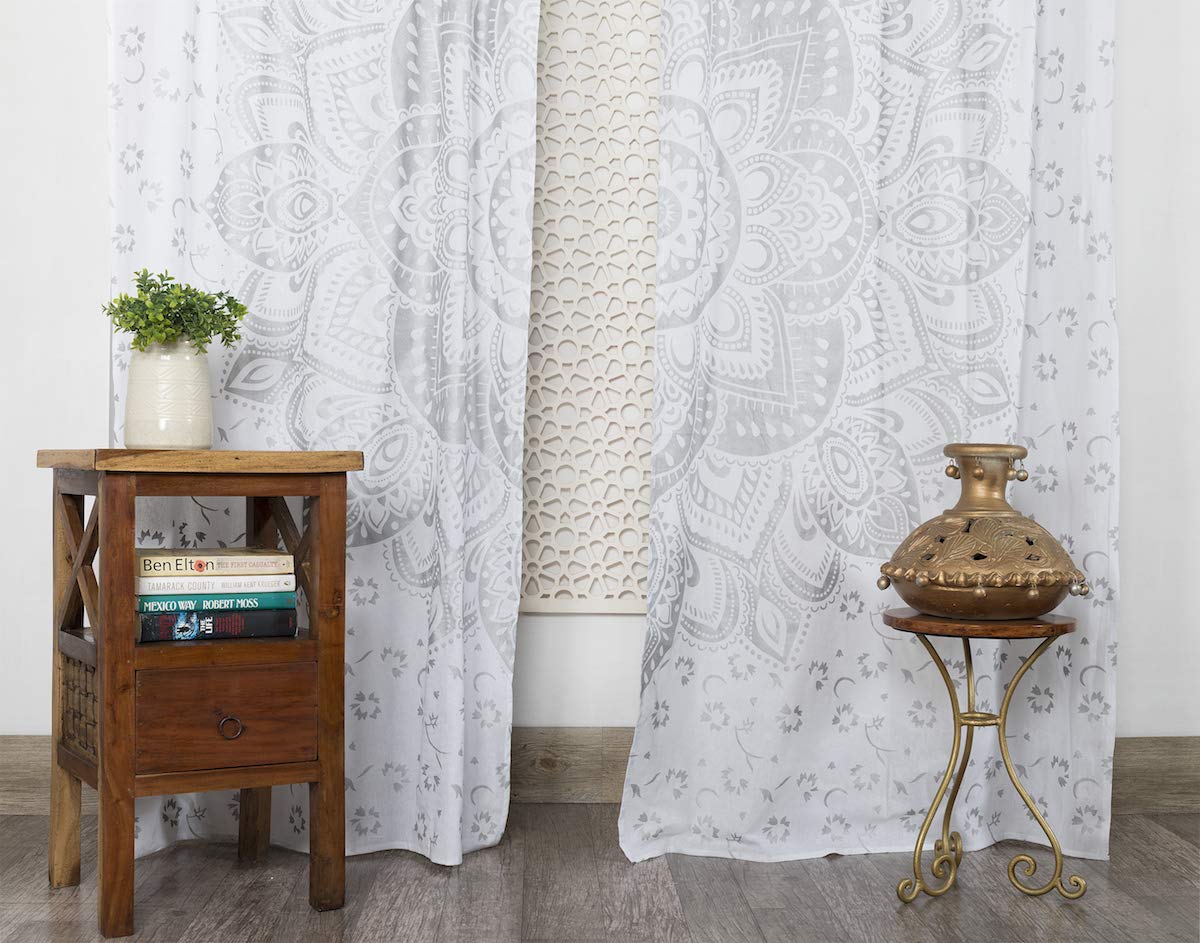 Printed Curtains for Living Room Set of 2 Indian Hippie Bohemian Beautiful Ombre Color Mandala Curtain for Bedroom Panels White Valance 83 x 38 Inches (38"W x 83"L (Pack of 2) / White Silver)