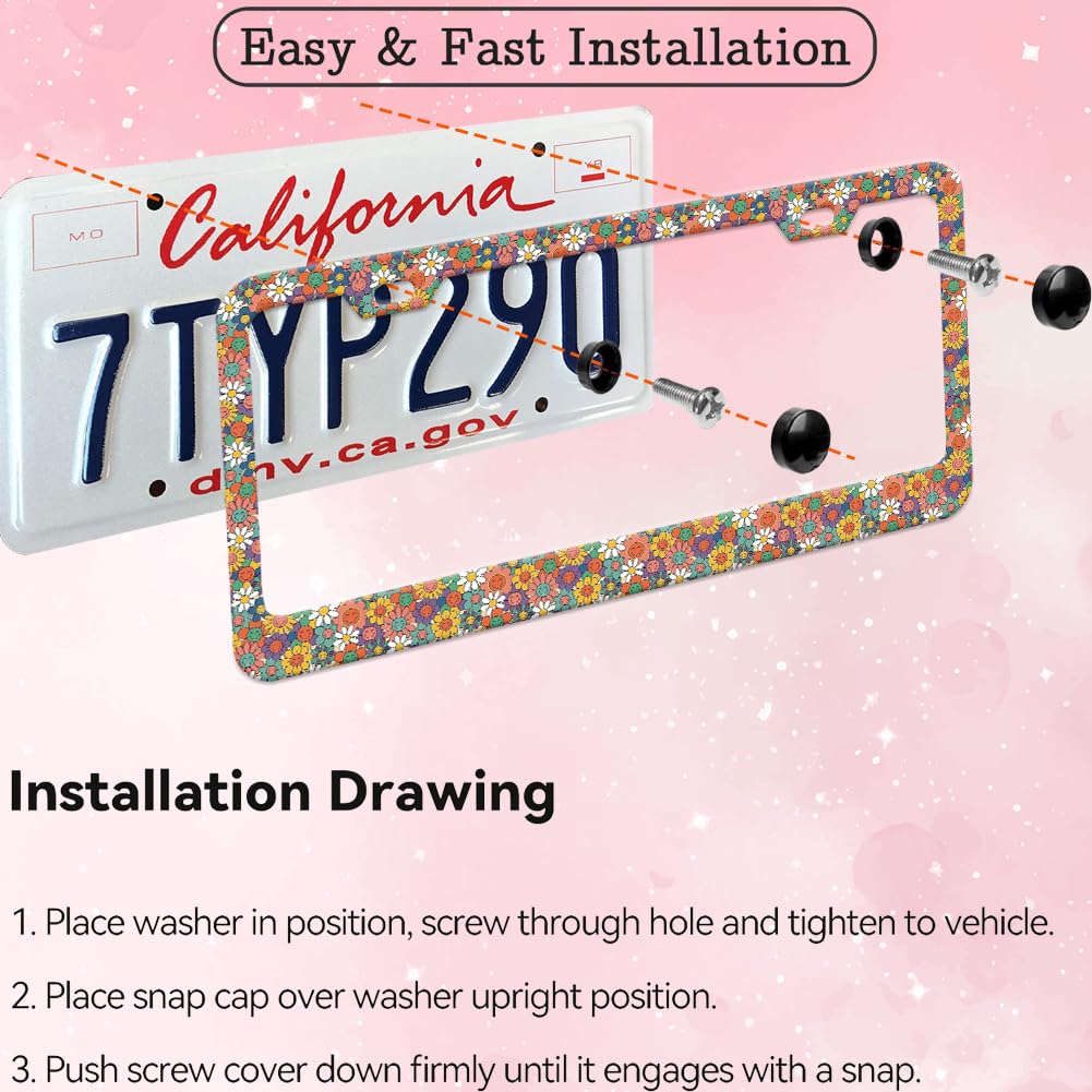 Colorful Smiling Floral License Plate Frame for Women 2Pc Car Tag (for Smiley Flower)