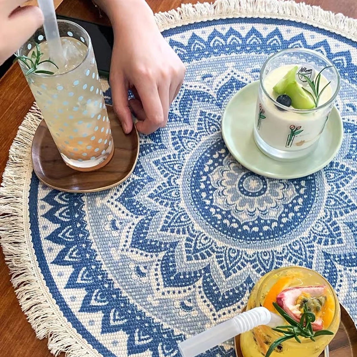 Boho Rustic Round Placemat for Dinning Table with Tassels (Blue)