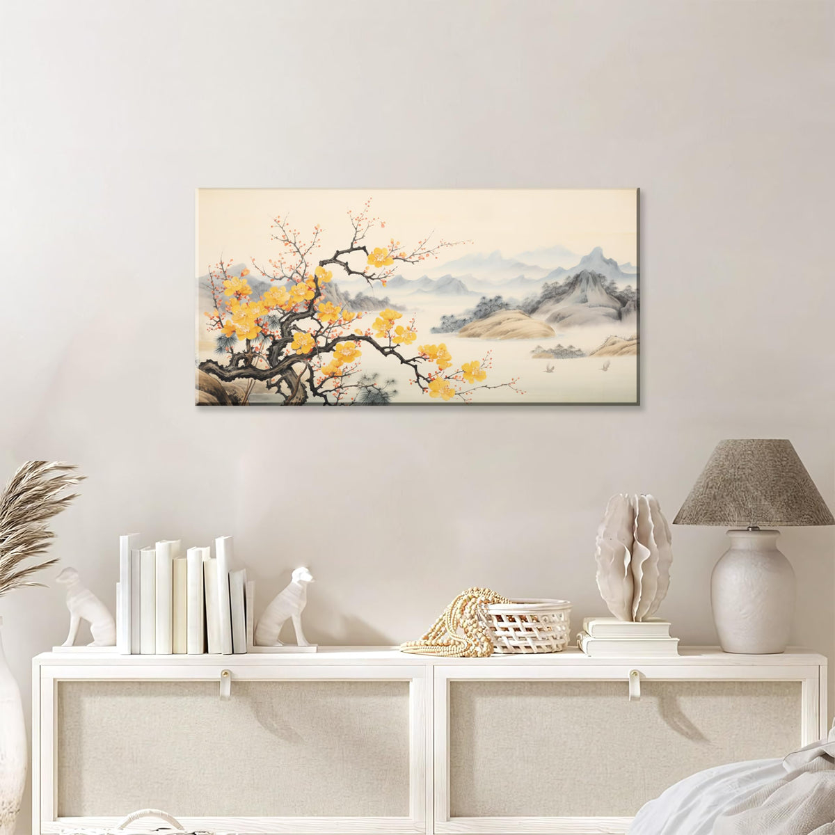 Asian Wall Art Traditional Chinese Painting Oriental Yellow Plum Blossom Canvas Pictures for Wall Decor Home decor for Living Room Cherry Blossom Decor Landscape Artwork Framed Ready to Hang (Yellow Blossom-One Piece / 16"L x 8"W)