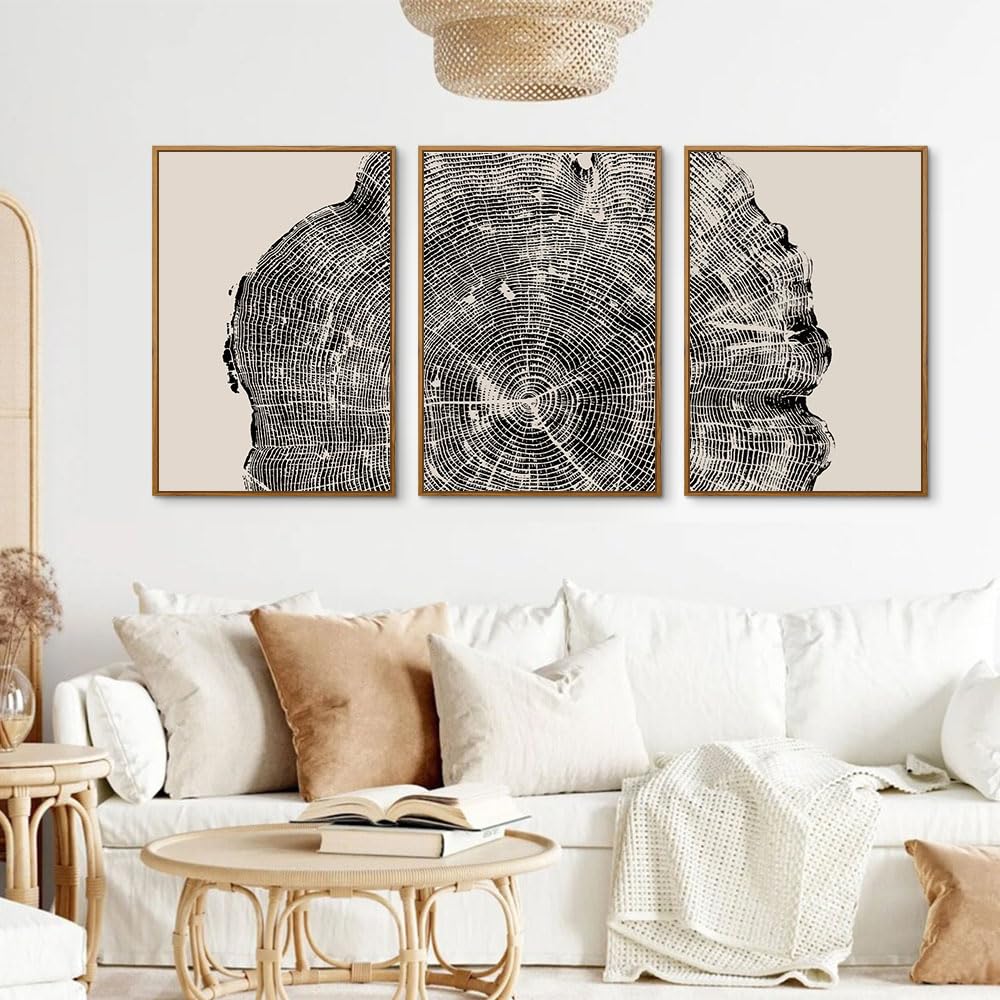 Framed Tree Ring Wall Art Set of 3 (Black Tree Ring / 24"L x 36"W)