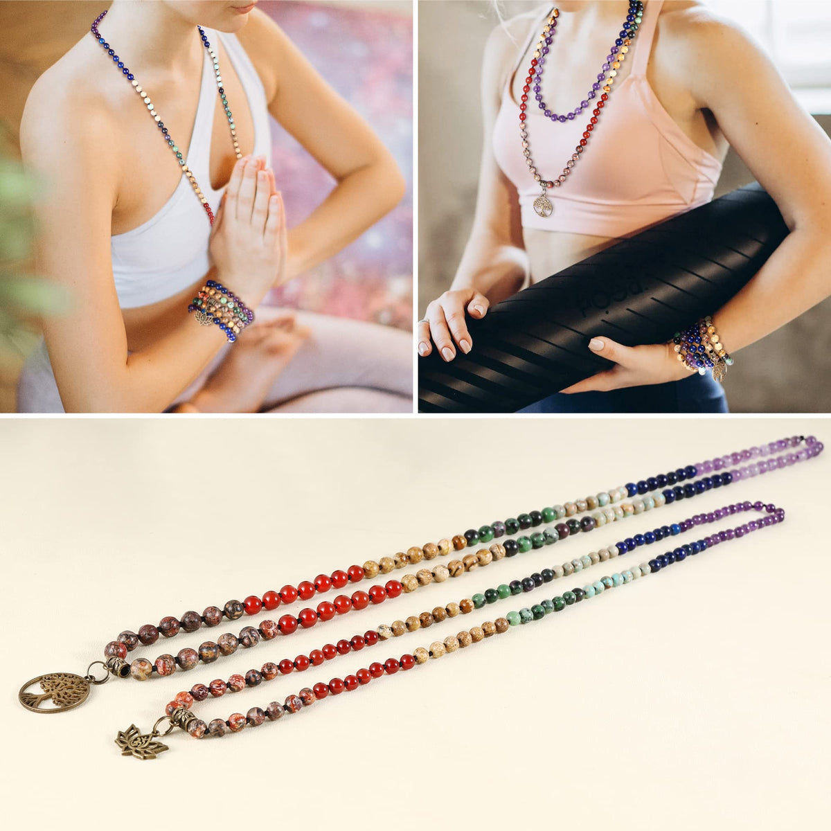 7 Chakra 108 Mala Beads Bracelet Real Gemstone Yoga Meditation Hand Knotted Mala Prayer Bead Necklace (6mm / beaded, traditional, 7-chakra, tree of life)