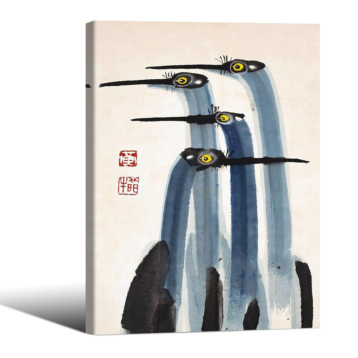 Vintage Japanese Crane Framed Poster Antique Asian Bird Canvas Wall Art 8x10 inch Blue Minimalist Animal Watercolor Prints for Country Farmhouse Wall Decor for Living Room Study Office Ready to hang (Wrapped Canvas / Japanese Decor / 10"L x 8"W)