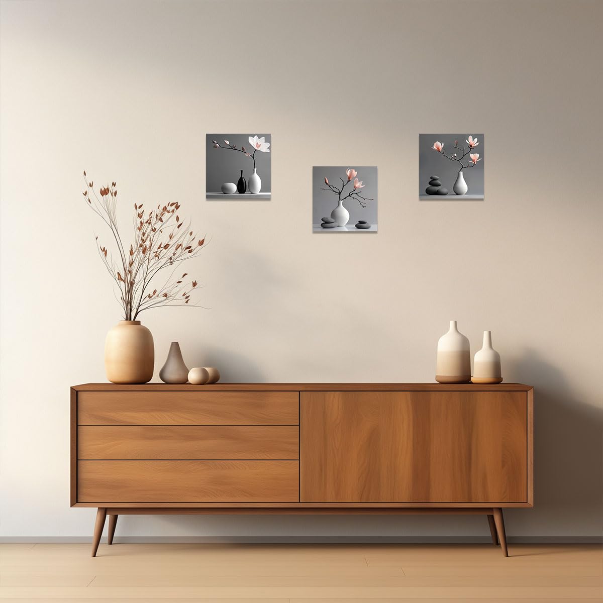 3 Piece Zen Wall Art Zen Flowers Pictures Black And White Grey Artwork Magnolia Stone Canvas Prints Bathroom Spa Decor Framed (Pink / 20"x20"x3 Pieces)