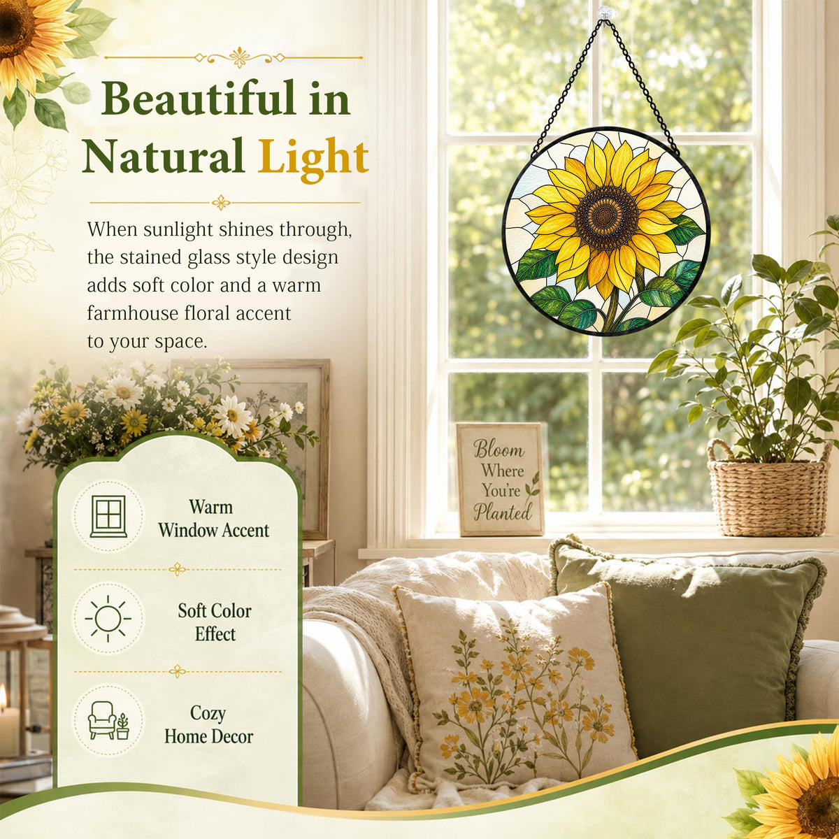 Sunflowers Gifts for Women Stained Glass Window Hanging Sun Catcher 9.8 in (Sunflower / 9.8 x 9.8 IN)