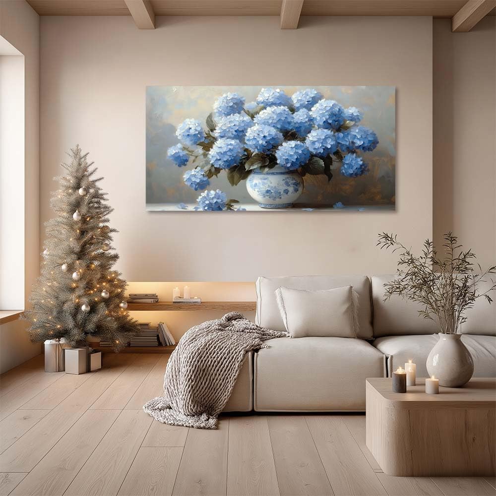 Blue Hydrangea Canvas Wall Art Floral Chinoiserie Vase Painting Flat Print Gallery Wrapped Classic Elegance Artwork for Living Room Bedroom Bathroom Decor (Bohemian / White Hydrangea Vase 2 / 40"L x 20"W)
