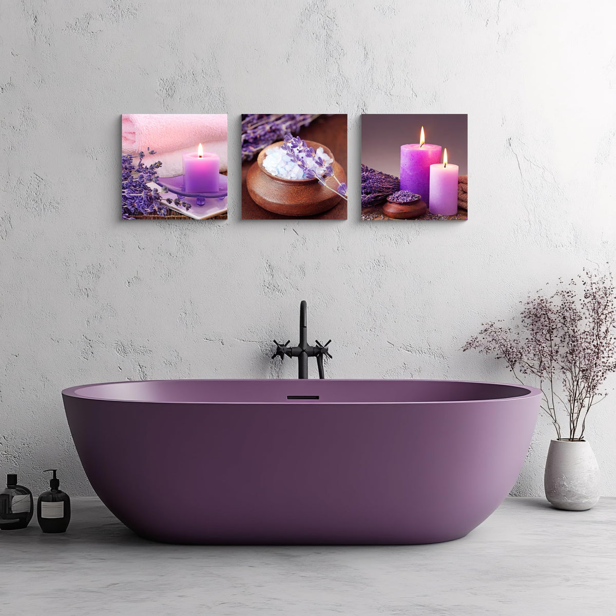 Zen Canvas Wall Art Spa Still Life With Purple Aromatherapy Candles And Zen Stone Aroma Lavender Flower Painting Pictures Print on Canvas Ready to Hang for Bathroom Decoration (12X12inchX3pcs / aromatherapy)