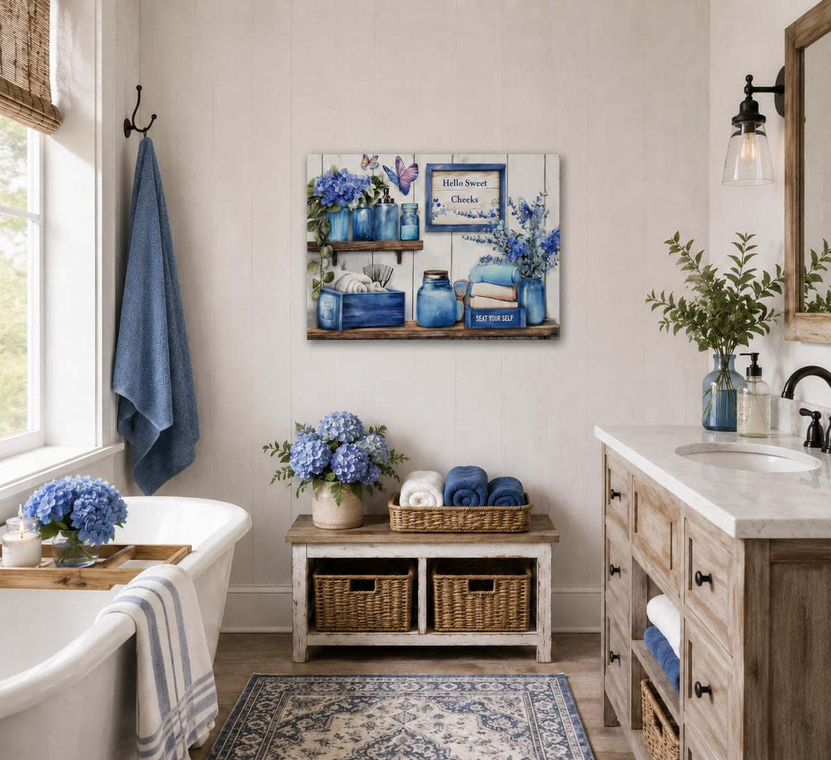 Navy Blue Farmhouse Bathroom Canvas Wall Art 16x24Inches (Blue Canvas / 24"L x 16"W)