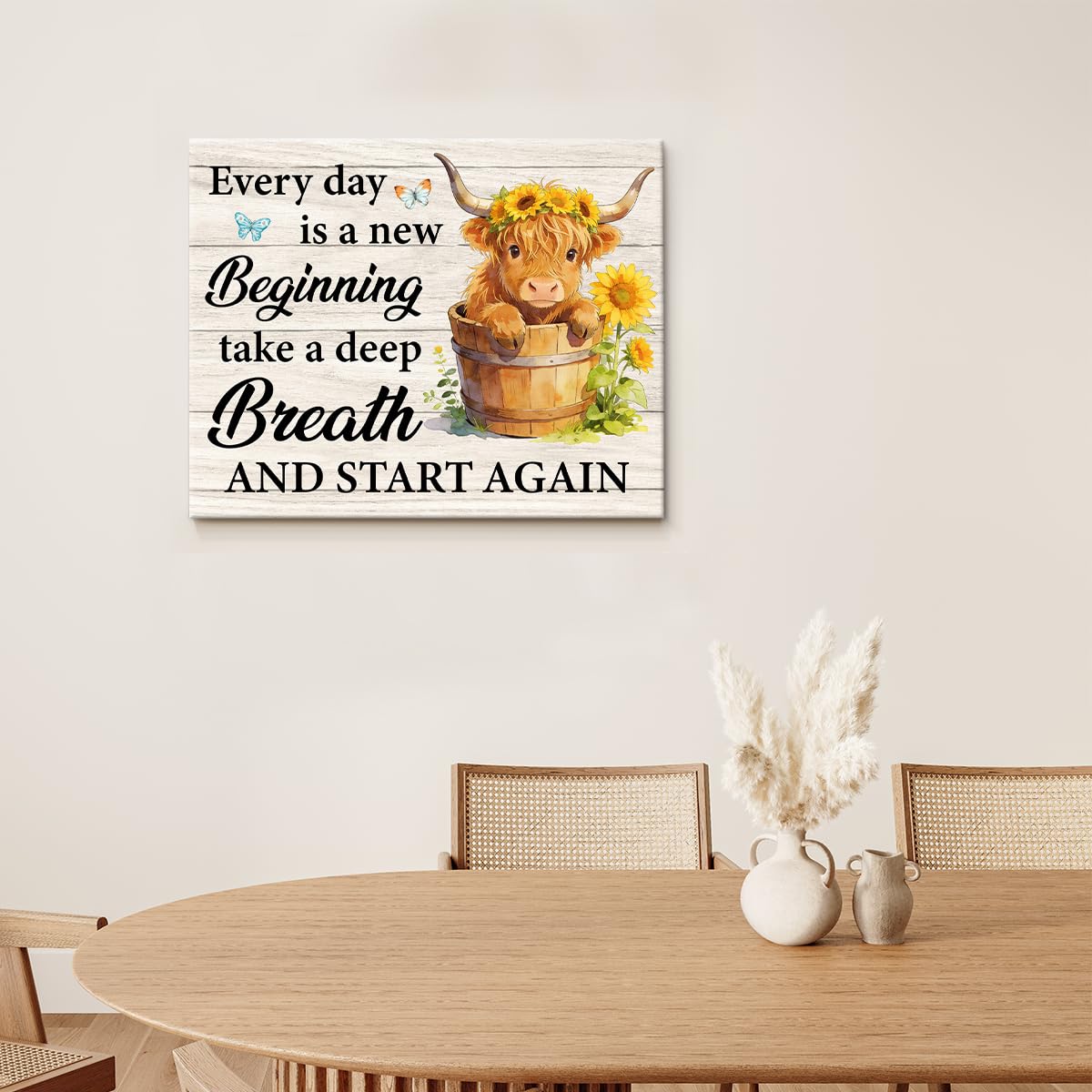 Highland Cow Motivational Canvas Wall Art Highland Cow Sunflower Picture (Highland Cow Motivational)