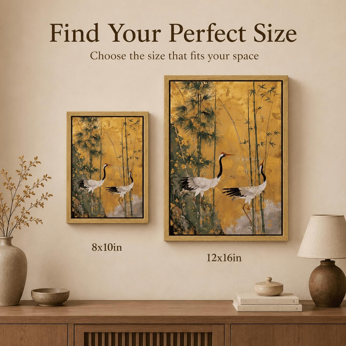 Framed Japanese Crane Wall Art Zen Japandi Asian Living Room Decor (Japanese Crane / 16"L x 12"W)