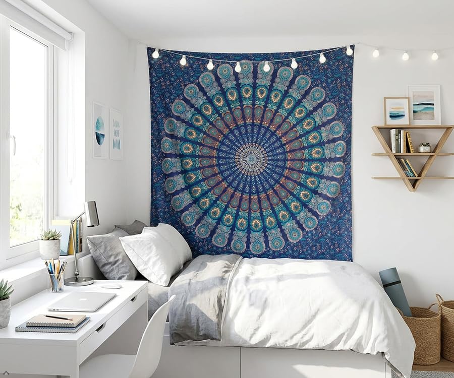 Queen Tapestry Wall Hanging Hippie Mandala Bohemian Hippy Meditation Psychedelic Design Indian Peacock Meditation Gypsy Tapestries Bedspread Turquoise (90"L x 84"W / Turquoise)
