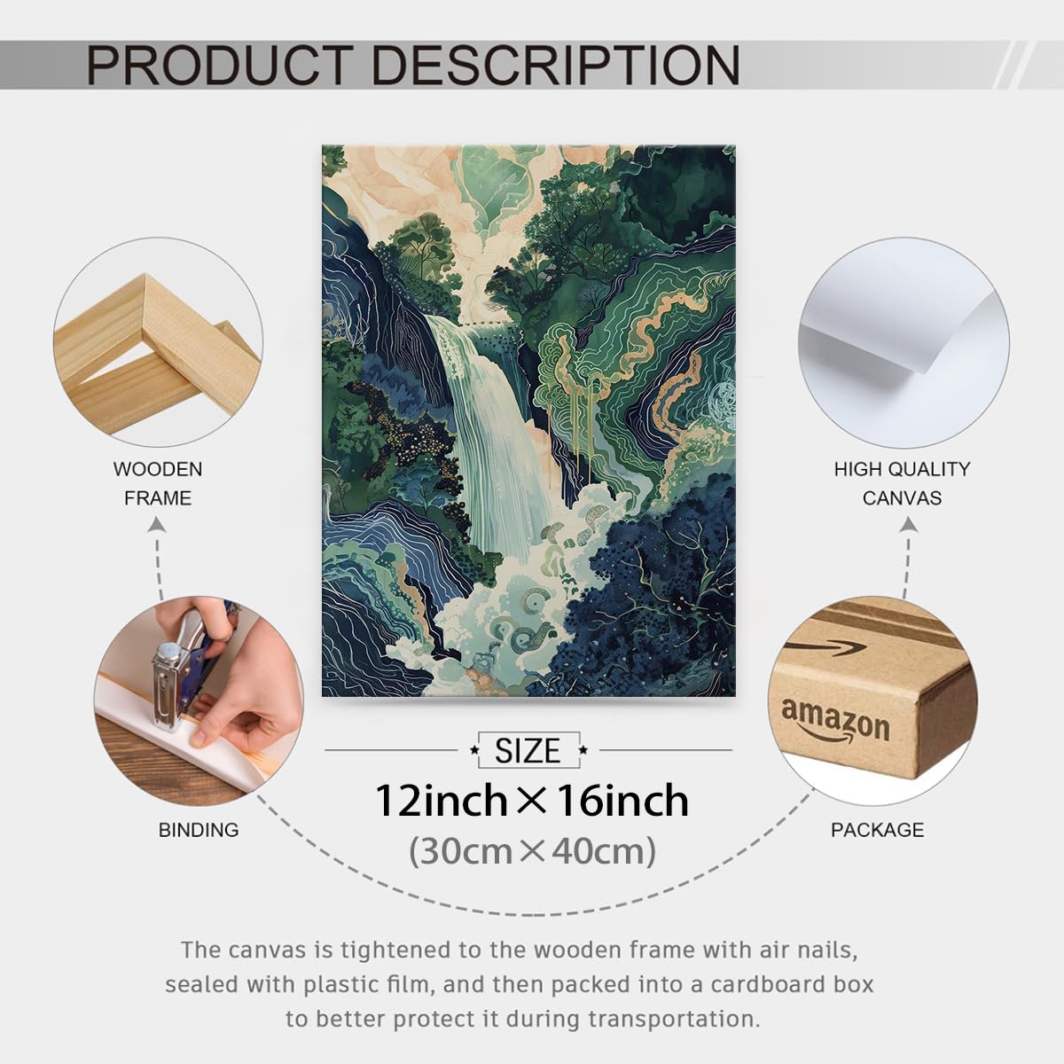 Japanese Landscape Framed Prints Poster Abstract Nature Mountain Canvas Wall Art 12x16 inch Vintage Asian Waterfall Painting Ukiyo (Wrapped Canvas / Japanese Painting / 16"L x 12"W)