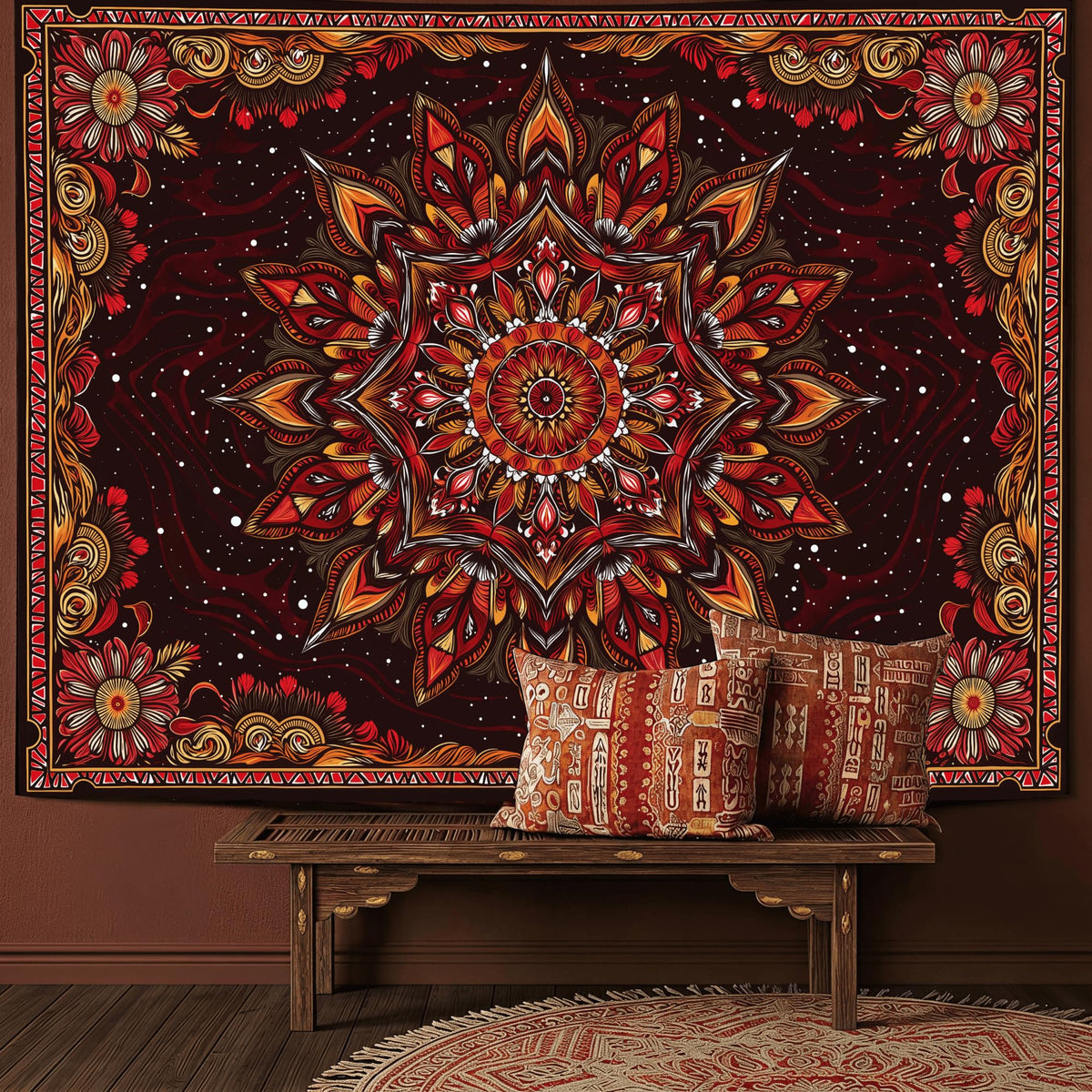 Mandala Floral Tapestry Wall Hanging Boho Red Orange Tapestry Aesthetic Hippie Vintage Bohemian Flower Indian Cute Small Tapestries for Bedroom Living Room Dorm Decor 48 x 36 Inch (Bohemian / Red Orange / 48"L x 36"W)