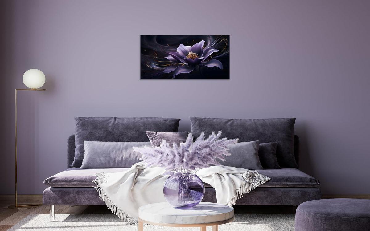 1 Panel Wall Art Purple Canvas Wall Art Purple Flower with Black Swirls Print on Canvas Flower Picture for Bedroom Home Decor Living Room Stretched and Framed 12x24 inch (24"L x 12"W / Purple Flower 5)