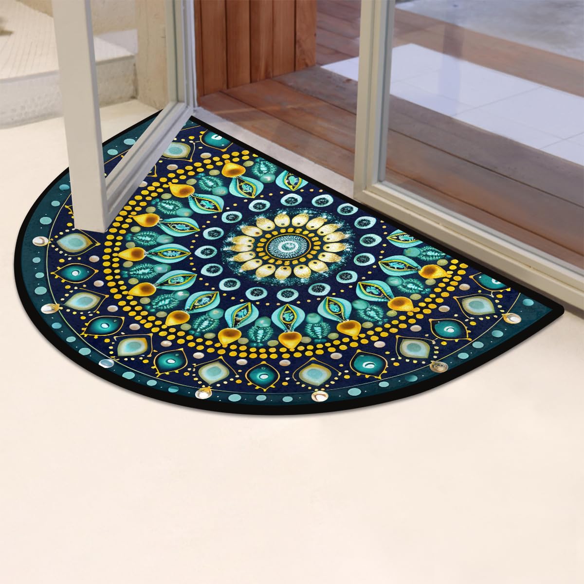 Half Round Doormat Teal Mandala Boho Floral Washable Semi Circle Area Rug Non Slip Absorbent Half Moon Rug for Indoor Outdoor Bathroom Kitchen Patio Front Welcome Fireplace Hearth Floor Mat (B08:boho 05)