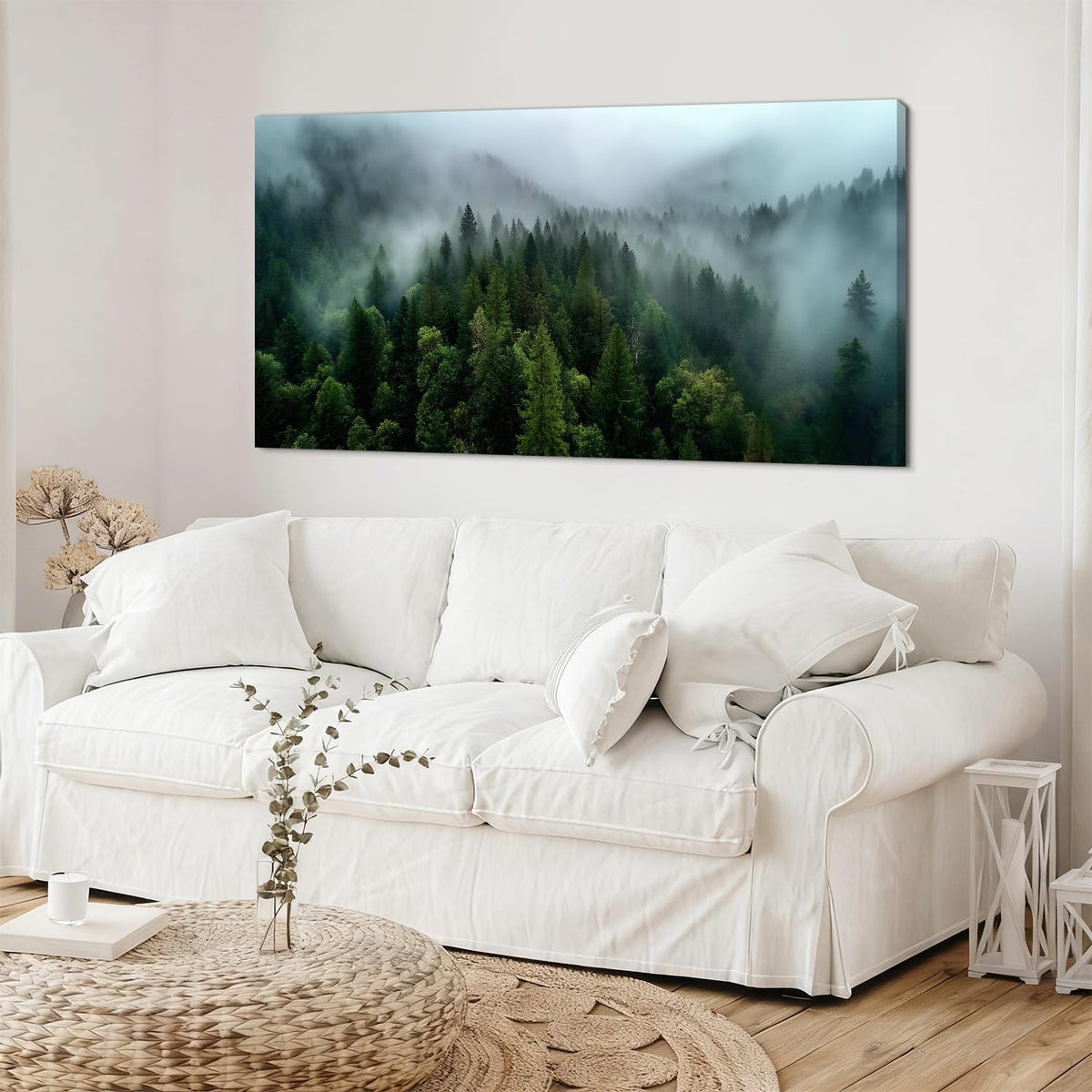 Misty Forest Wall Art Green Nature Landscape Canvas Picture Great Smoky Mountain Wall Decor for Living Room Bedroom Blue Ridge Foggy Scenery Prints Pine Trees Painting Office Home Decorations 24x48" (48"L x 24"W / Green Forest)