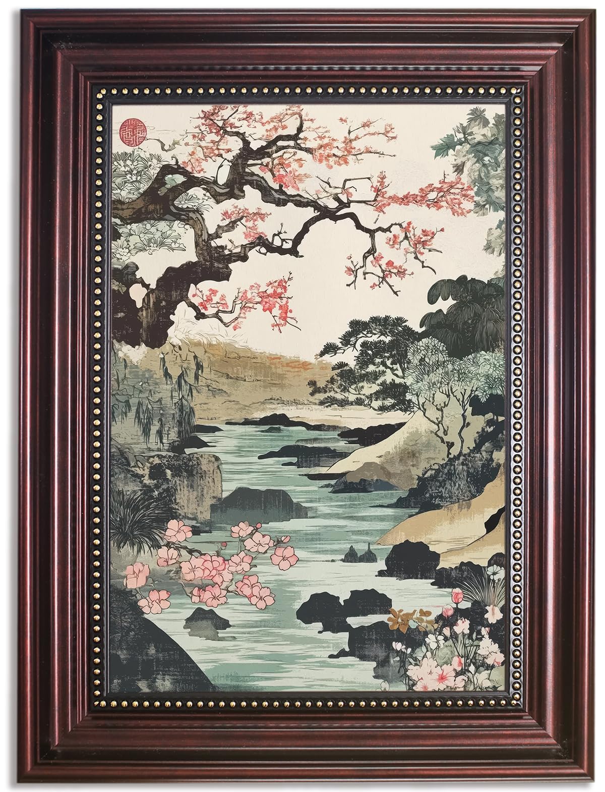 Dark Brown Framed Japanese Cherry Landscape ink painting 16x24 in (Cherry Blossom Landscape / 24"L x 16"W)